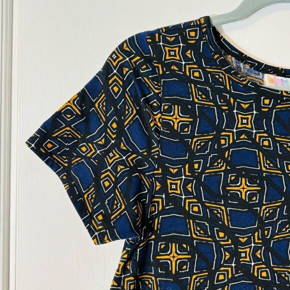 LuLaRoe S Carly Swing Dress Navy & Gold Geometric Print with Breast Pocket - Picture 6 of 10